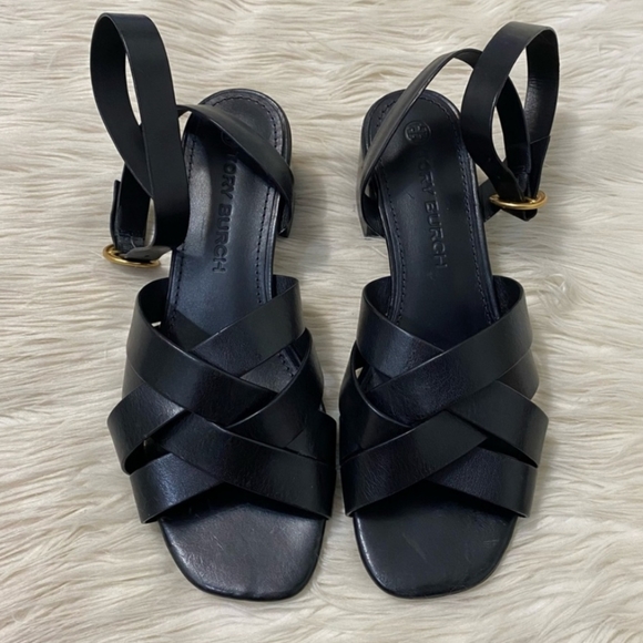 Tory Burch Black Leather Criss Cross Strap Heeled Sandals - Picture 9 of 9